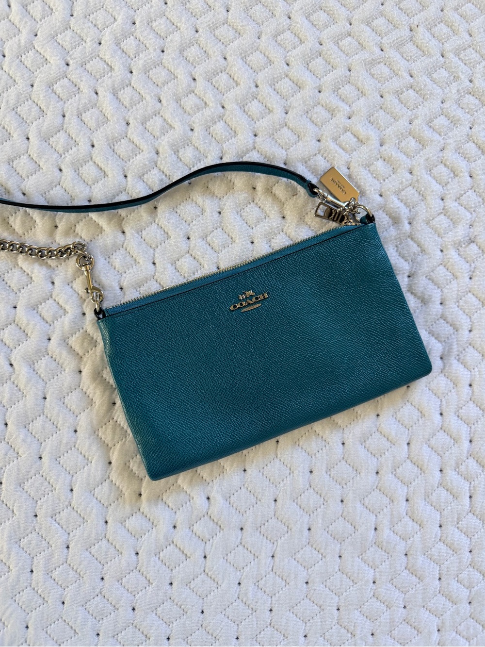 Coach Teal Leather Crossbody Clutch with Chain Strap